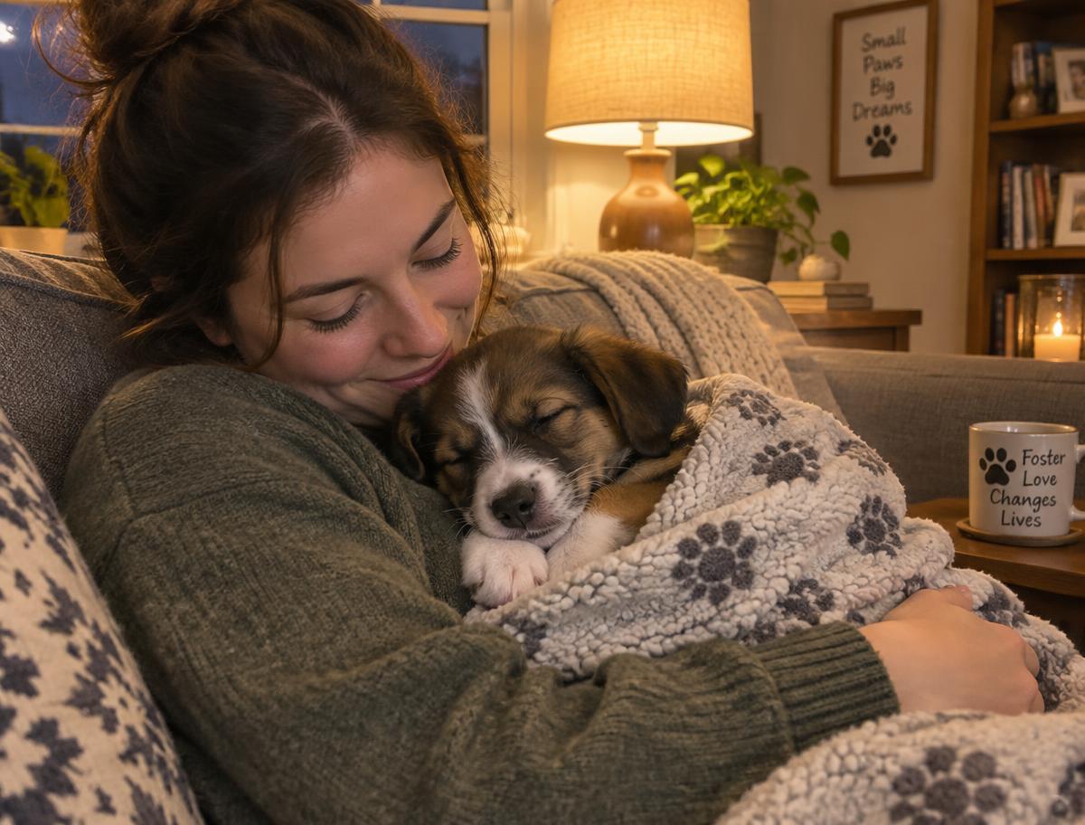 Foster cuddling a puppy